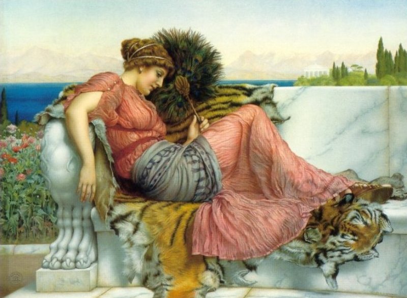 Peinture « Amaryllis » de John William Godward représentant une Grecque contemplative