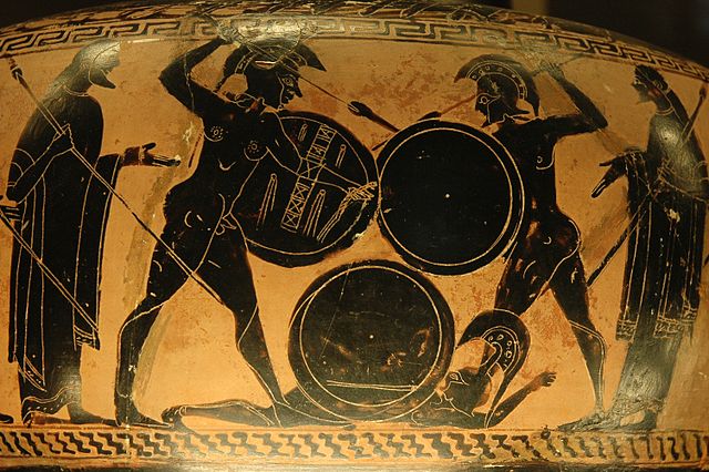 Hoplites combattant sur un vase grec