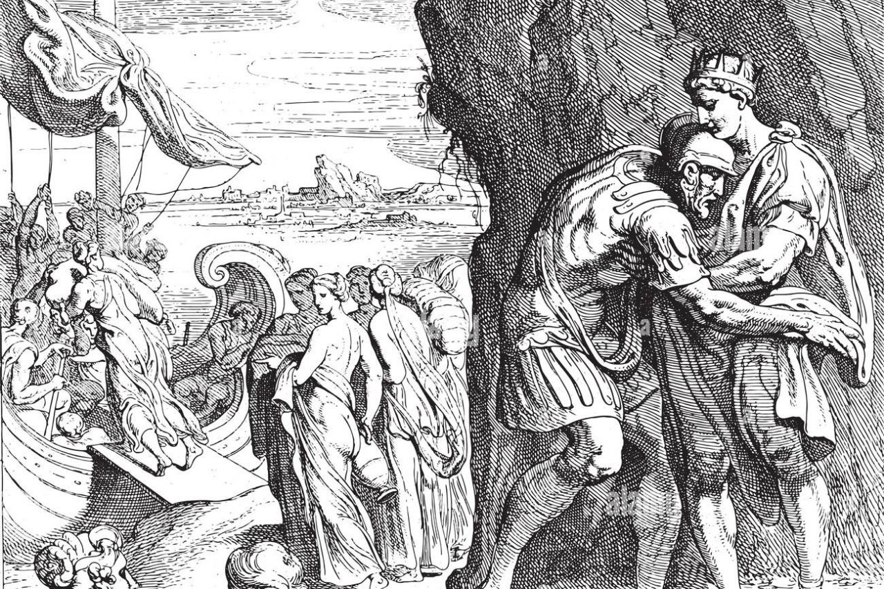 Ulysse faisant ses adieux au roi Alcinoos avant de quitter Scheria