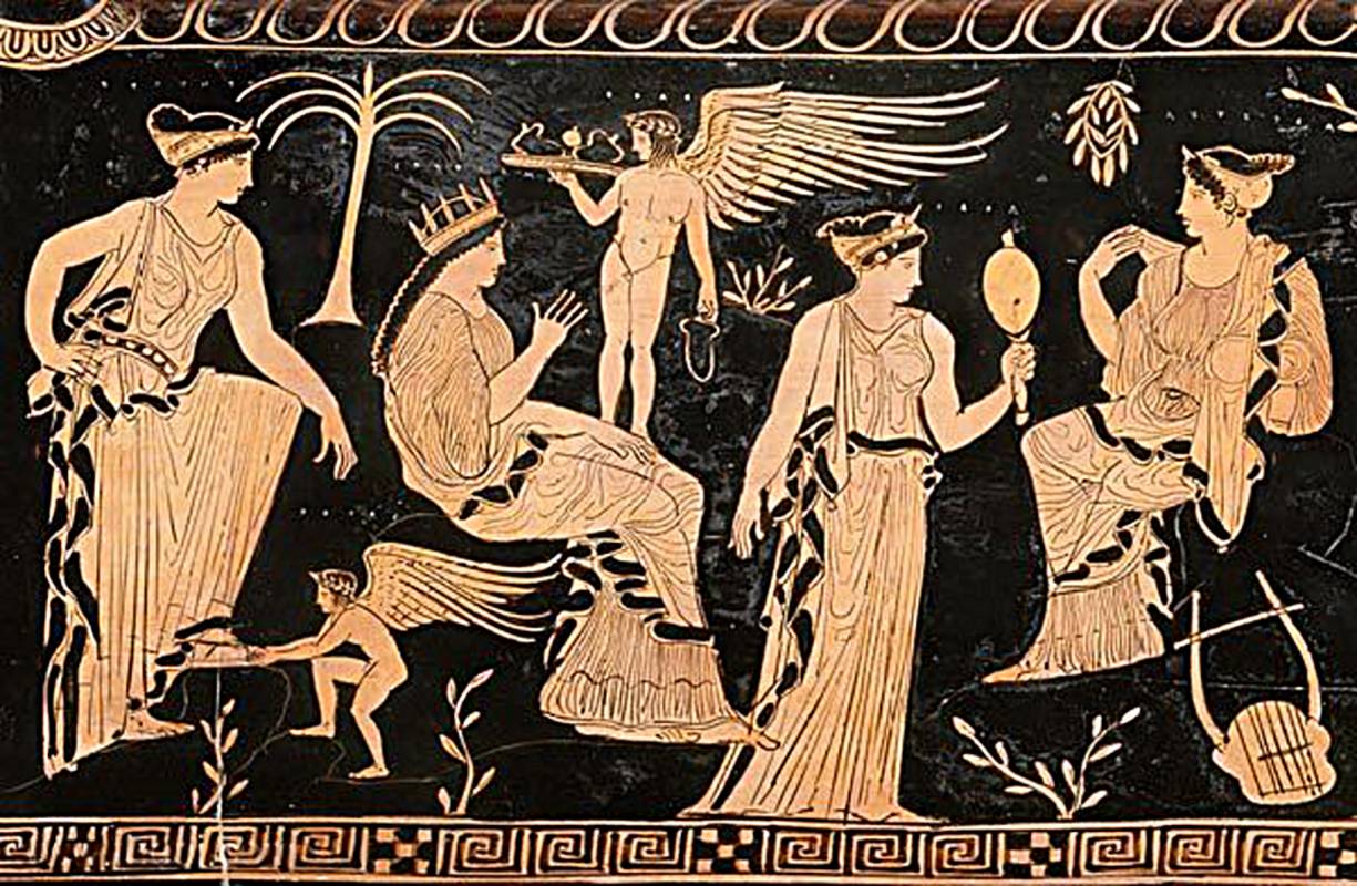 Vase grec antique représentant Eurynome à l'extrême gauche