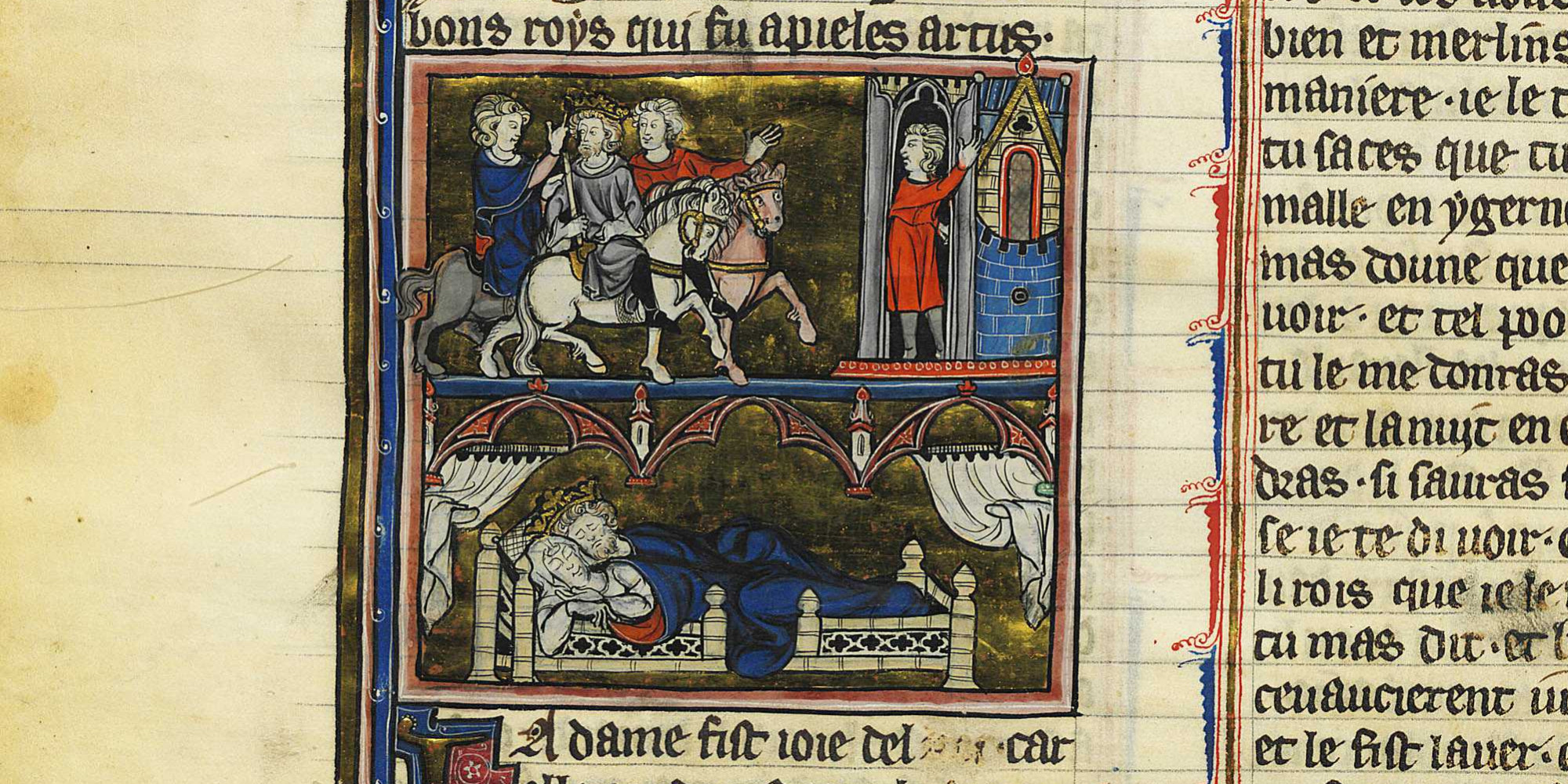 Manuscrit du XIIIe siècle de la prose du <i>Merlin</i>, tiré du poème <i>Merlin</i> de Robert de Boron, représentant Uther aux côtés d'Igerna la nuit de la mort de Gorlois