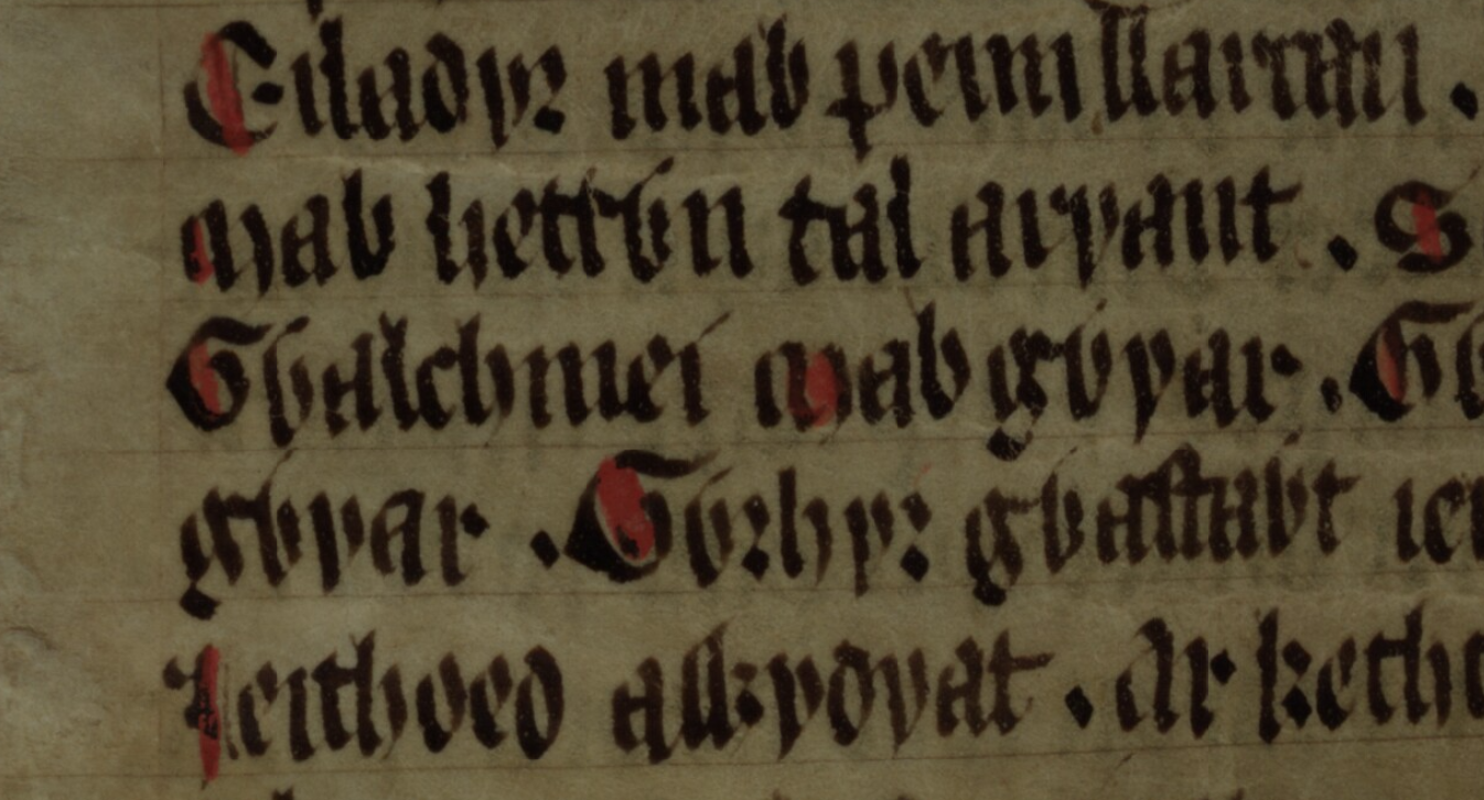 <i>Culhwch et Olwen</i>, folio 203r, montrant « Gwalchmei mab Gwyar » au centre