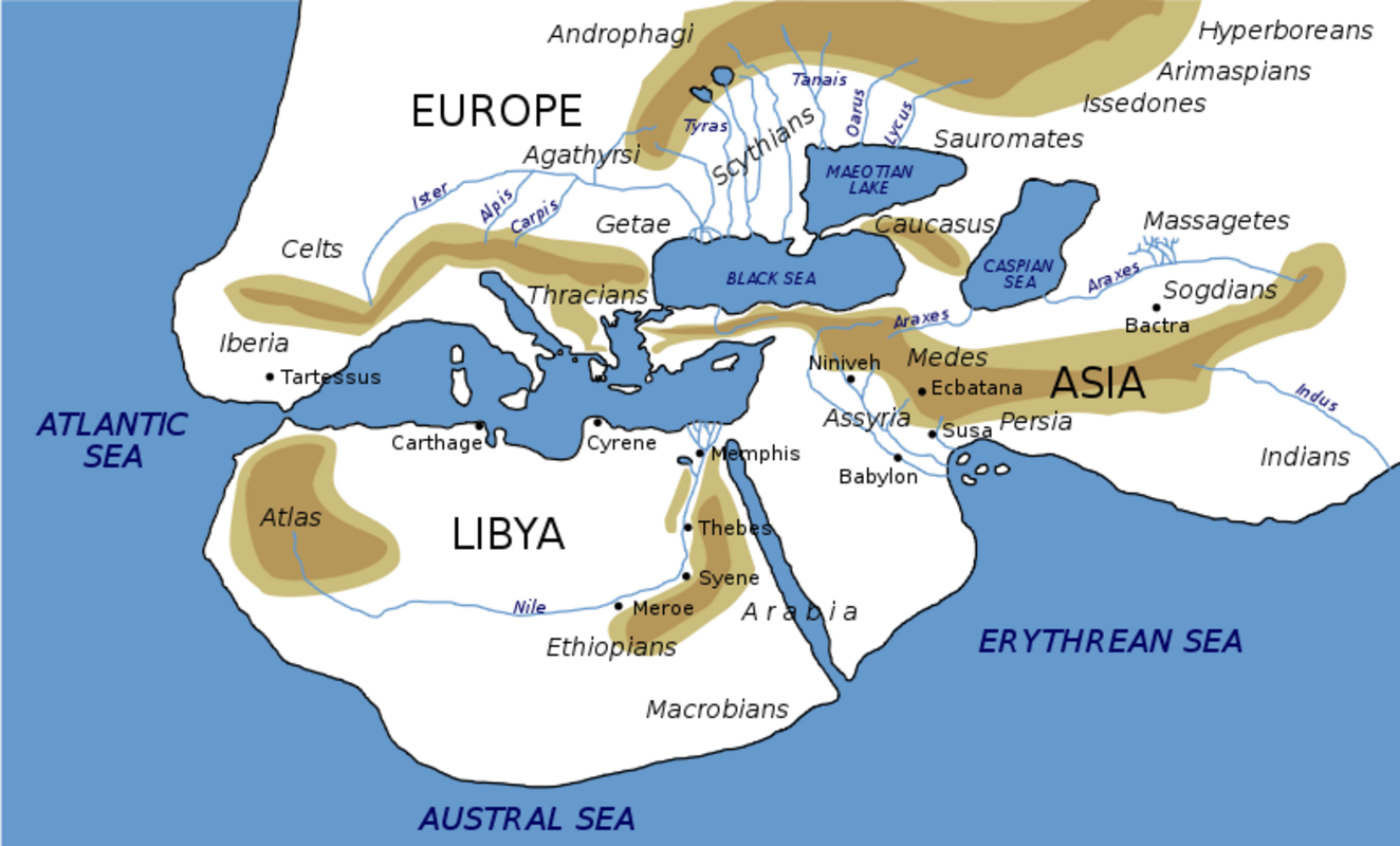 Carte du monde d'après les descriptions d'Hérodote, montrant l'Hyperborée dans le coin supérieur droit