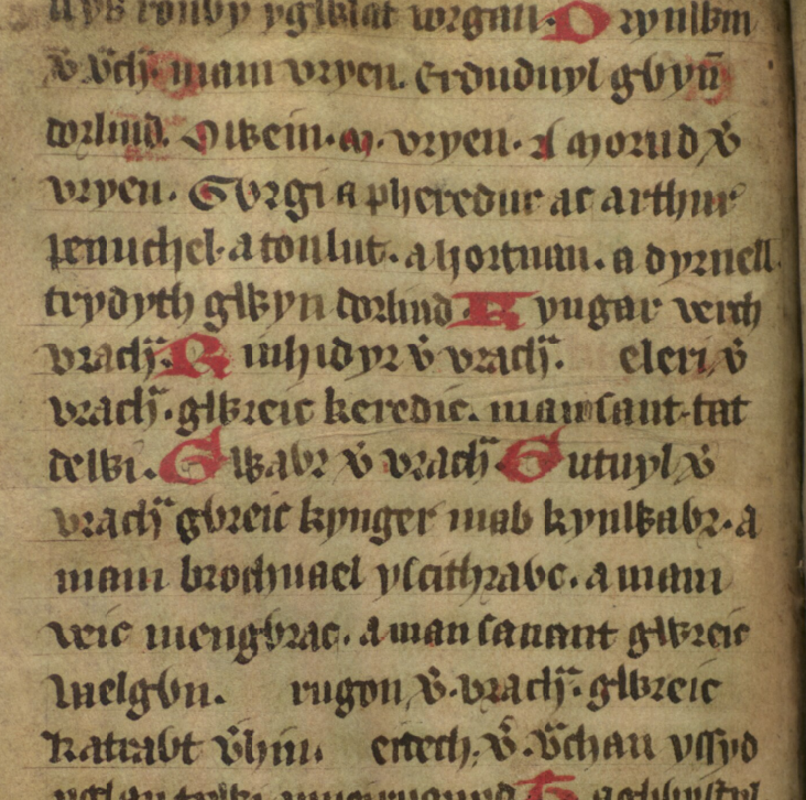 Vue du folio 33v du <i>Jesus College MS 20</i>, montrant le nom de Brychan apparaissant sous la forme « Vrach » à plusieurs reprises, notamment au début des lignes sept, huit et dix