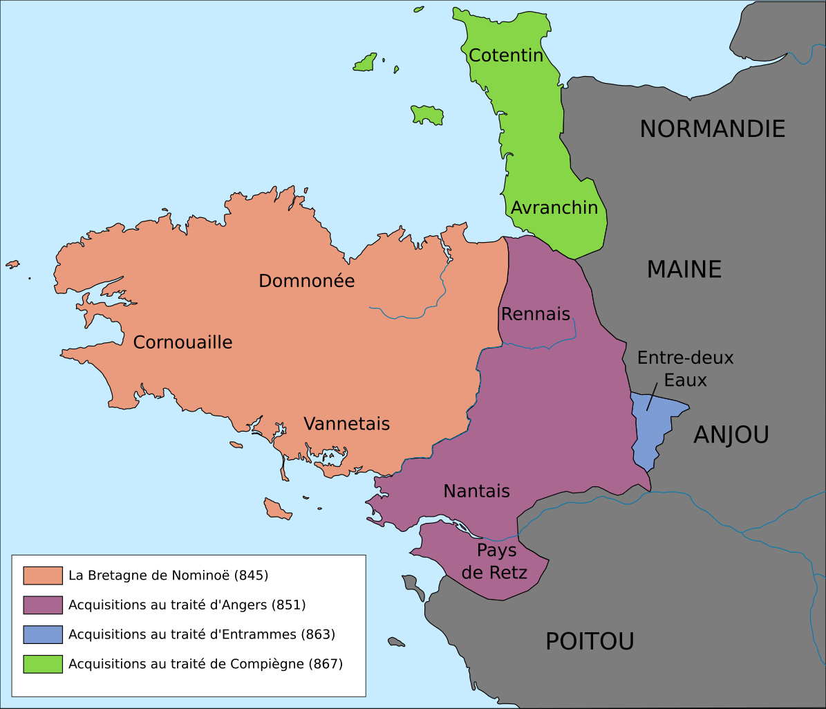Carte de la Bretagne au IXe siècle, montrant l'emplacement de la Cornouaille. Wikimedia, CC-BY 3.0