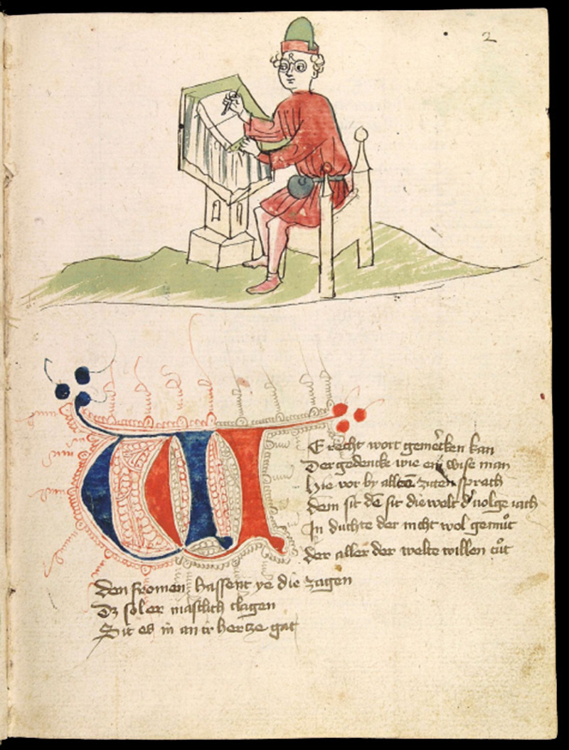 Représentation d'Ulrich von Zatzikhoven et des vers d'ouverture de son <i>Lanzelet</i>, tirée du Codex Palatinus Germanicus 371, 1420