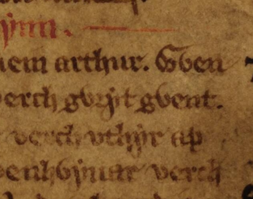 Folio 55v du Livre blanc de Rhydderch, montrant la Triade 56, les Trois Grandes Reines d'Arthur, dans laquelle le nom de Cywryd Gwent apparaît au centre, Bibliothèque nationale du Pays de Galles, Aberystwyth